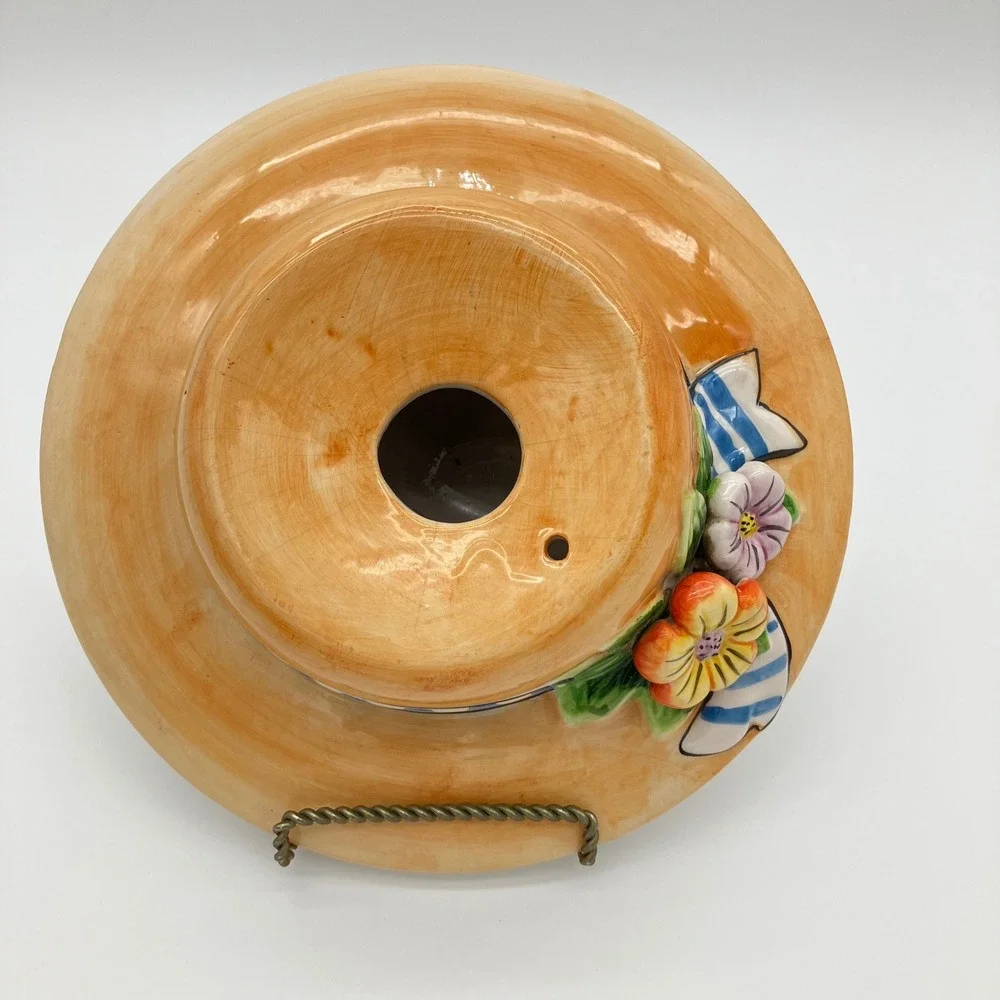 Giftco Ceramic Wall Pocket Planter Vintage 9in Tan Straw Hat Floral Ribbon